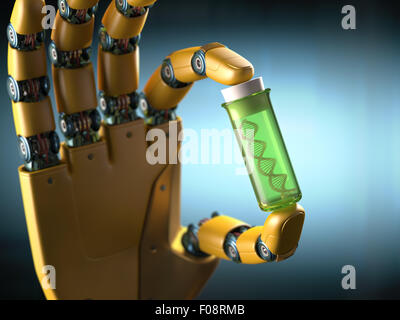 Mano robotica tenendo un tubo di prova con un campione di DNA all'interno. Concetto di tecnologia. Foto Stock