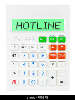 Calcolatrice con la hotline sul display isolati su sfondo bianco Foto Stock