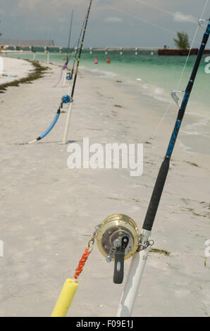 Grandi di canna e mulinello per la pesca degli squali a Gasparilla Island State Park Foto Stock