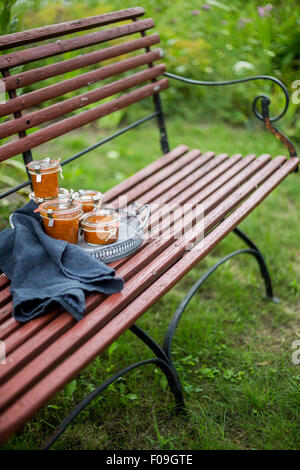 Chutney di albicocche vasetti sul vassoio vintage con il grigio asciugatutto sulla panchina da giardino Foto Stock