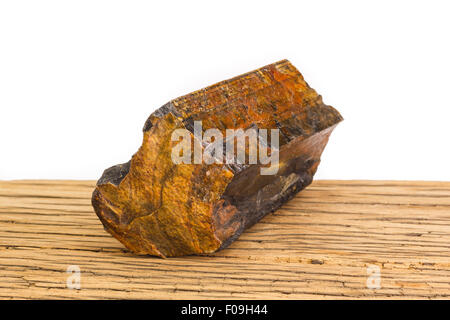 Brown pezzo di legno pietrificato sulla vecchia superficie di quercia, sfondo bianco. Di fronte a fuoco, gradualmente meno nitide sullo sfondo. Antica natura Foto Stock