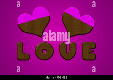 Lettere di amore e nel cuore di cioccolato per il giorno di San Valentino. Immagine su sfondo viola con glassa di colore rosa. Foto Stock