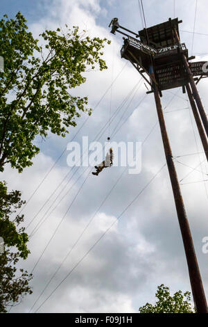 100 foot drop durante il zipline adventure a Branson Zipline Canopy Tours di Branson, MO. Foto Stock