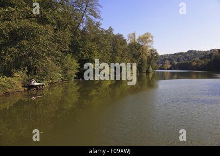 Vista di Wurzbacher stagno in Niederwurzbach, Blieskastel, Saarland, Germania Foto Stock