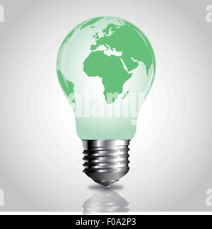 La lampadina della luce verde con mappa del mondo Illustrazione Vettoriale