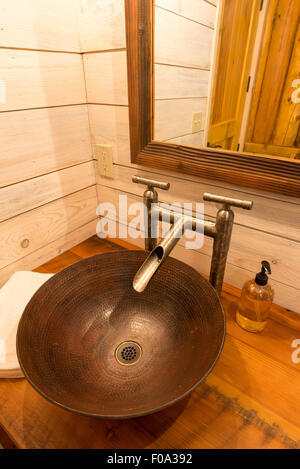 Artigiano il lavandino del bagno in un log cabin al Minam River Lodge in Oregon Wallowa della montagna. Foto Stock