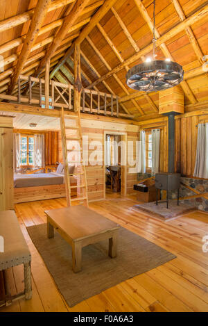 Interno di un log cabin a Minam River Lodge in Oregon Wallowa della montagna. Foto Stock