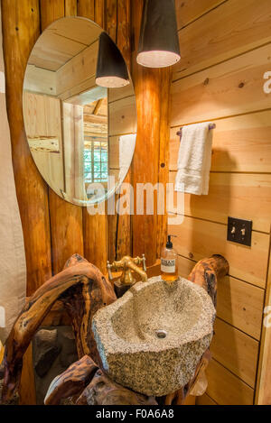 Bagno artistico di un log cabin a Minam River Lodge in Oregon Wallowa della montagna. Foto Stock