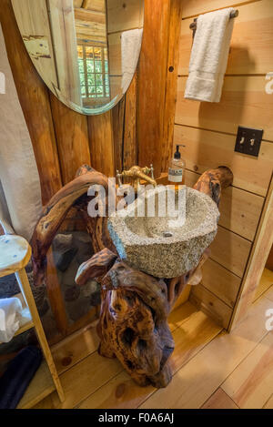 Bagno artistico di un log cabin a Minam River Lodge in Oregon Wallowa della montagna. Foto Stock