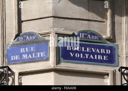 In Rue de Malte e Boulevard Voltaire a Parigi, Francia Foto Stock