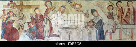 La storia cristiana della crocifissione come raffigurato in una pittura murale medioevale, Easby Chiesa, Richmond, North Yorkshire, Inghilterra Foto Stock