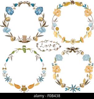 Dipinte a mano e schizzo doodle floral autunno hippie circle collezione frame isolati su sfondo bianco, Indie Style Illustrazione Vettoriale