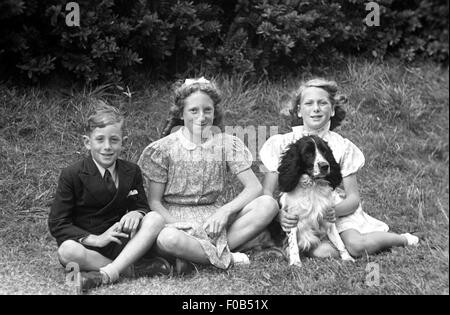 Due ragazze e un ragazzo seduto sul prato con loro Spaniel cane. Foto Stock