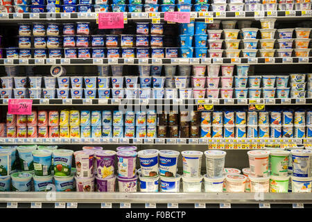 Contenitori di varie marche di yogurt in un supermercato raffreddatore in New York Sabato, 8 agosto 2015. (© Richard B. Levine) Foto Stock