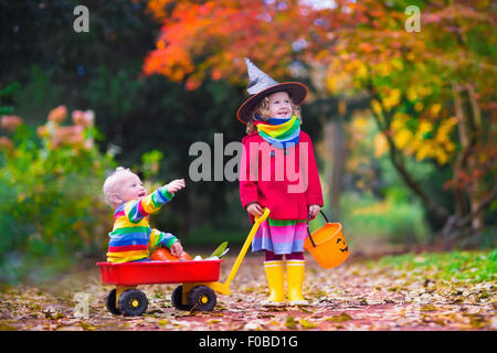 Bambina in costume da strega e baby boy nella ruota barrow tenendo una zucca giocando in autunno park. I bambini di Halloween trucco Foto Stock