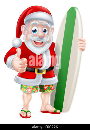 Cartoon di surf Santa Claus in possesso di una tavola da surf e dando un pollice in alto nella sua scheda di Hawaiian shorts Foto Stock