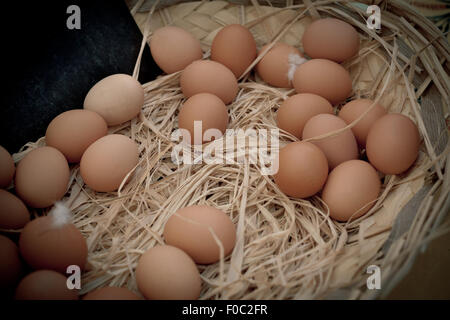 Cesto di uova di organico in un territorio rurale farmers market. Filtrata girato con una messa a fuoco selettiva Foto Stock