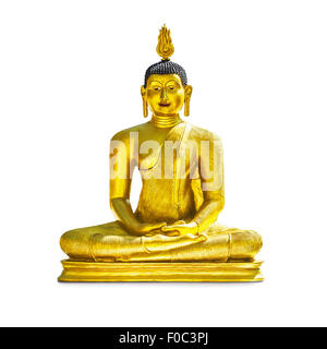 Golden statua del Buddha isolato su sfondo bianco. Un singolo oggetto con il tracciato di ritaglio Foto Stock