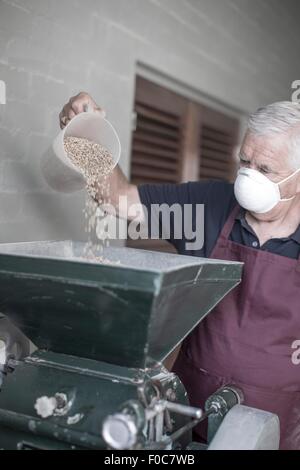 Il birraio versando la granella in una macchina Foto Stock