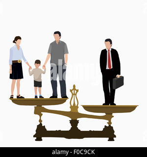 Immagine illustrativa di imprenditore e famiglia sulla bilancia Foto Stock