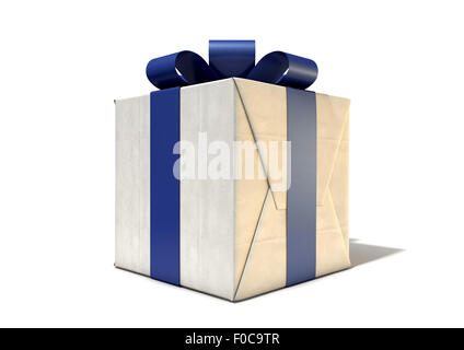 Un cubo a forma di scatola di pacchi avvolti in carta marrone e un bue ribbon e bow isolato su un bianco di sfondo per studio Foto Stock