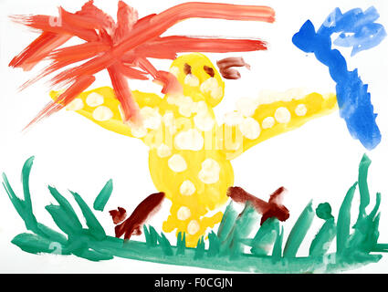 Disegno per bambini acqua vernici di colore su un foglio di carta Foto Stock