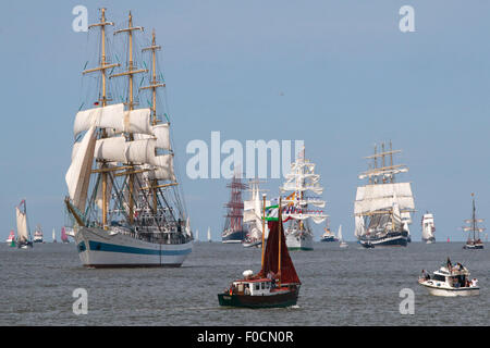 Bremerhaven, Germania. 12 Ago, 2015. La tall ship 'Mir', a sinistra dalla Russia vele tra gli altri in pelo durante la parata di apertura sul Weser vicino a Bremerhaven, Germania settentrionale, mercoledì 12 agosto, 2015. Circa 300 navi prendono parte alla parata che apre il festival. Credito: Focke Strangmann/Alamy Live News Foto Stock