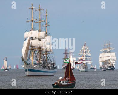 Bremerhaven, Germania. 12 Ago, 2015. La tall ship 'Mir', a sinistra dalla Russia vele tra gli altri in pelo durante la parata di apertura sul Weser vicino a Bremerhaven, Germania settentrionale, mercoledì 12 agosto, 2015. Circa 300 navi prendono parte alla parata che apre il festival. Credito: Focke Strangmann/Alamy Live News Foto Stock