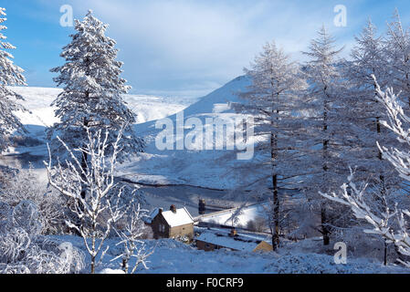 Neve fresca che coprono le colline, alberi e case del Peak District, a nord ovest dell'Inghilterra. Foto Stock