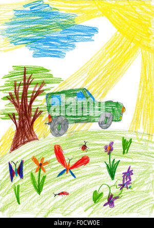 Disegno infantile. auto corse su un prato Foto Stock