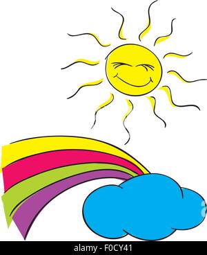 Sole e nuvole con un arcobaleno su uno sfondo bianco. Illustrazione Vettoriale