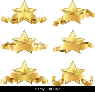 Set di golden stelle realistici con nastri su bianco Illustrazione Vettoriale