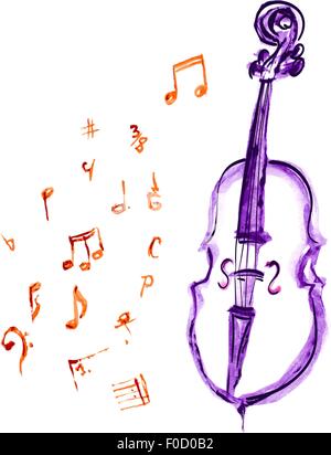 Acquerello viola disegnati a mano violoncello e note musicali Illustrazione Vettoriale