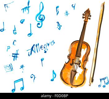 Acquerello disegnata a mano il violino e note musicali Illustrazione Vettoriale