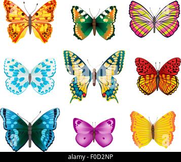 Set di varie coloratissime farfalle con ali aperte Illustrazione Vettoriale