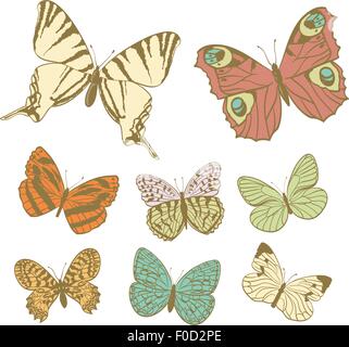 Set di varie farfalle in colori retrò Illustrazione Vettoriale