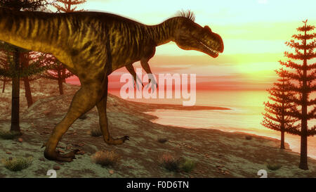 Megalosaurus dinosauro a piedi verso l'oceano al tramonto. Foto Stock