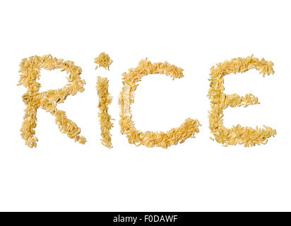 Riso a grani lunghi in forma di lettere su bianco Foto Stock