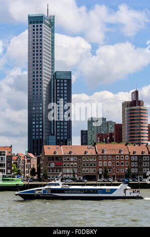 Business e edifici di appartamenti, barca sul nuovo Mosa, Rotterdam, Olanda, Paesi Bassi Foto Stock