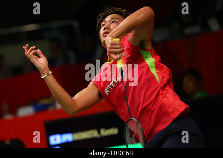 Istora Senayan Arena, Jakarta, Indonesia. 13 Ago, 2015. Kento Momota (JPN), 13 agosto 2015 - Badminton : TOTALE BWF Campionati del Mondo 2015 Uomini Singoli Terzo turno corrispondono a Istora Senayan Arena, Jakarta, Indonesia. Credito: Shingo Ito AFLO/sport/Alamy Live News Foto Stock