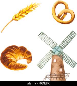 Acquerello simboli da forno. Mulino a vento, croissant, frumento. illustrazione vettoriale Illustrazione Vettoriale