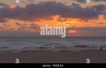 Il camminatore solitario godendo del tramonto sul Mare del Nord, una sera d'estate, a Katwijk aan Zee, South Holland, Paesi Bassi. Foto Stock