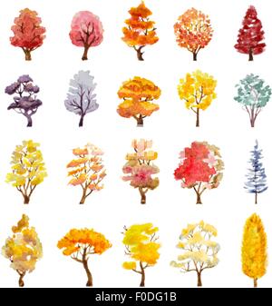 Set di alberi d'autunno. disegnati a mano ad acquerello illustrazione vettoriale Illustrazione Vettoriale