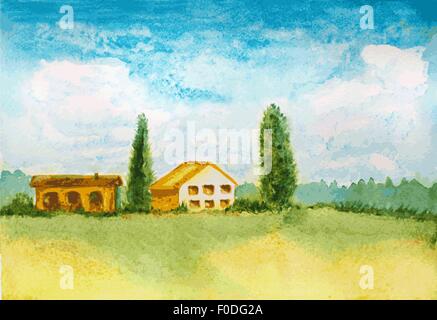 Acquerello paesaggio con alberi, colline, nuvole e case Illustrazione Vettoriale