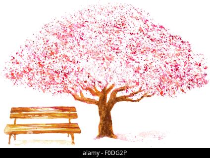 Acquerello disegnata a mano albero ciliegio e panca su bianco Illustrazione Vettoriale