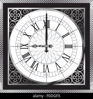 Lusso oro bianco metallo orologio con numeri romani e boarder pattern Illustrazione Vettoriale