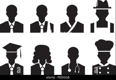 Job avatar immagine profilo. business man,avvocato,il tae kwon do, agricoltore,grado di studente non laureato,giudice,medico e cuocere Illustrazione Vettoriale