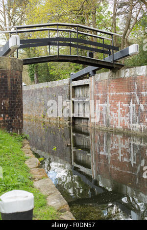 Vista bassa a monte del blocco sul Basingstoke Canal Foto Stock