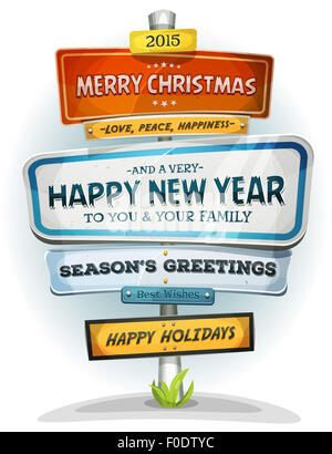 Illustrazione di un fumetto comico di orientamento urbano con buon Natale e buone feste i messaggi per il nuovo anno celebrazione Foto Stock