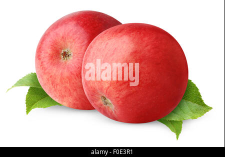 Due mele rosse con foglie isolato su bianco Foto Stock